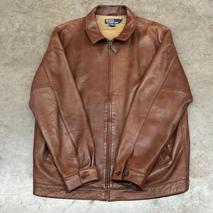 VTG Polo Ralph Lauren Buttery Soft Leather Caramel Brown Full Zip Jacket Mens XL
